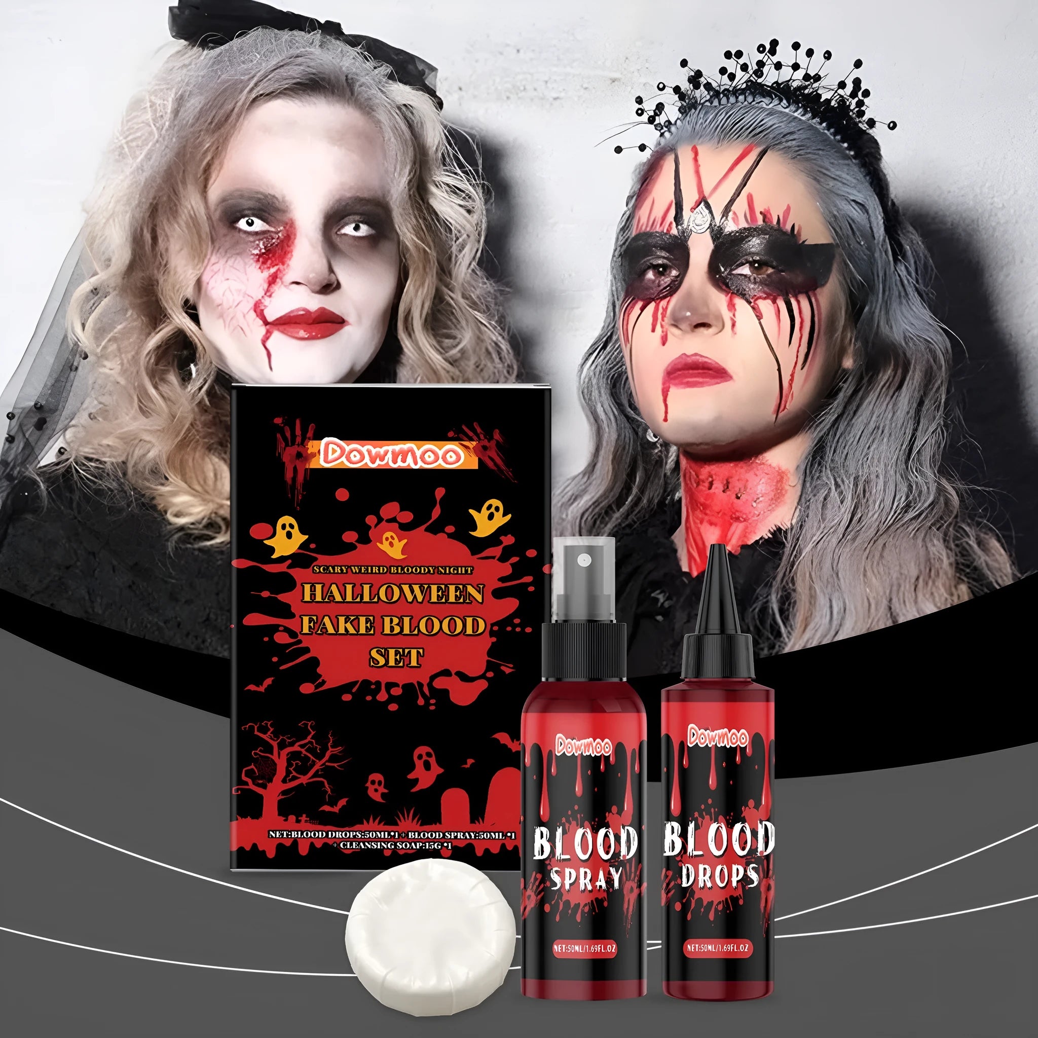 3-piece washable fake blood makeup set with plasma drops, spray, and surface soap for Halloween horror effects