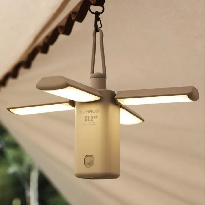 White and green rechargeable outdoor camping lamp with USB charging cable