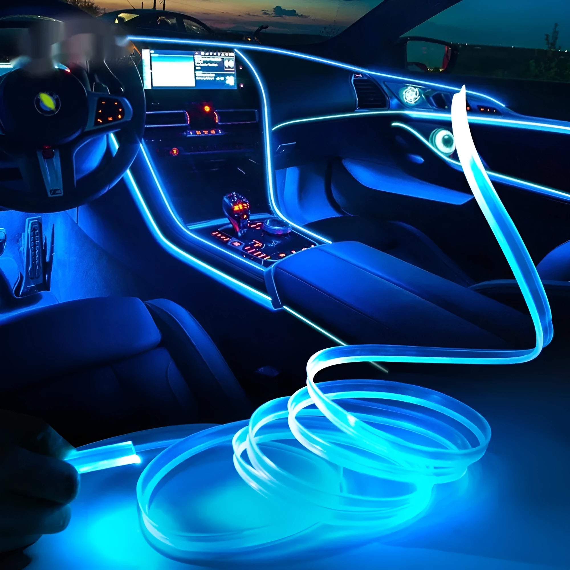 USB-powered multicolour LED car ambience light strip in flexible PVC, shown in lengths from 1 to 5 metres.