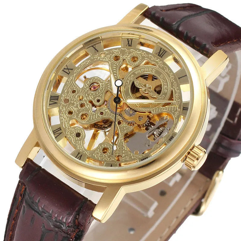 Men's automatic mechanical watch with 4cm dial and leather strap on a grey background