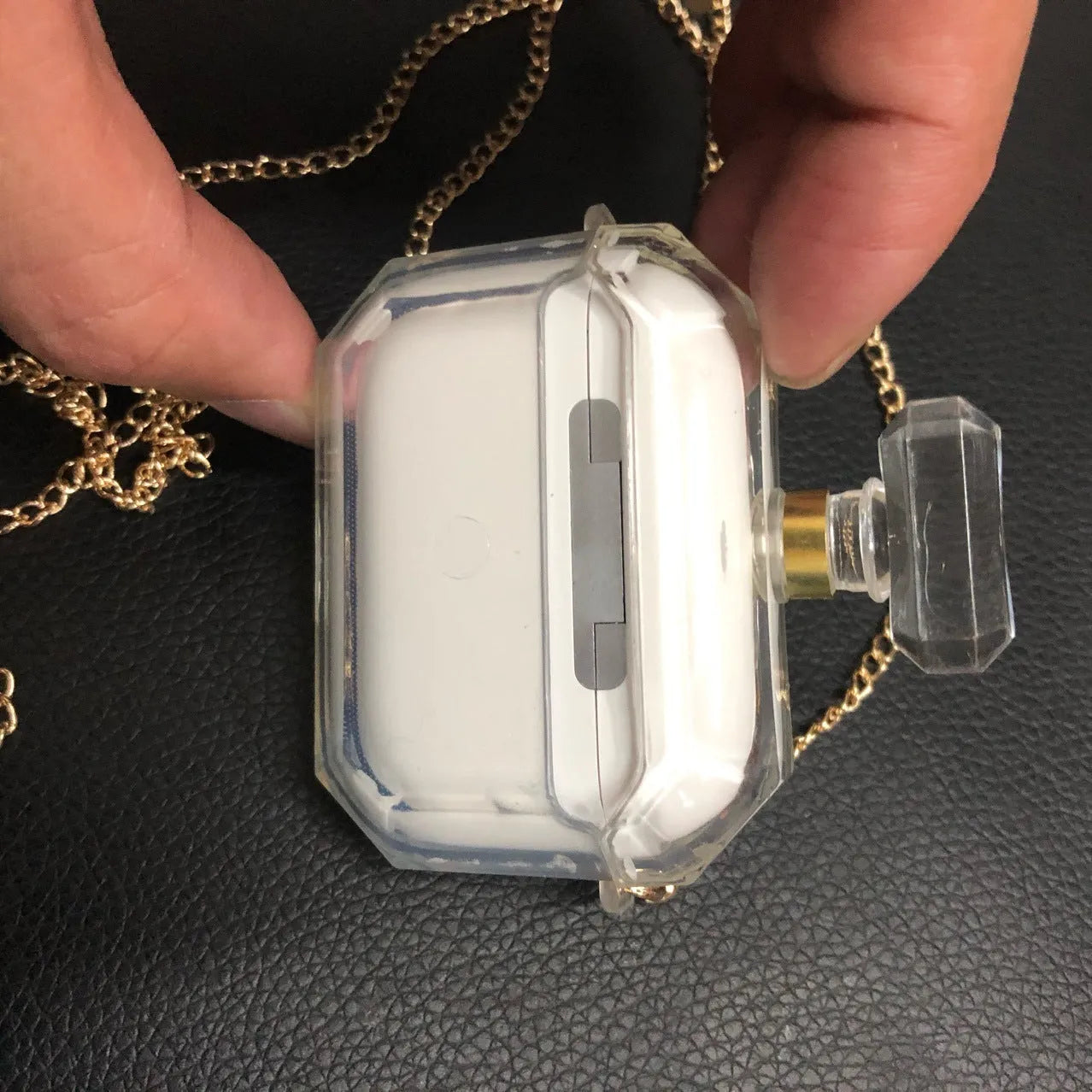 White perfume bottle design silicone case cover for Apple AirPods Pro and AirPods 3 charging box.