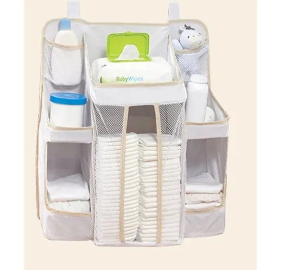 Crib storage bag in grey TC oxford cloth with large storage space for baby diapers and toys
