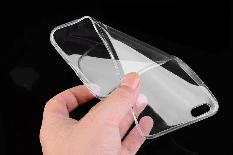 Transparent flexible TPU soft shell protective case for iPhone on a white background