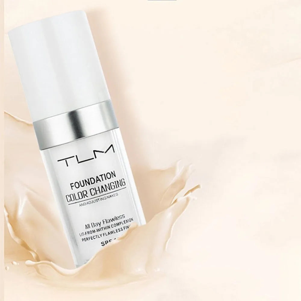Colour changing liquid foundation bottle with SPF 50 and shade-sensing beads, 11.9x3.9cm size.
