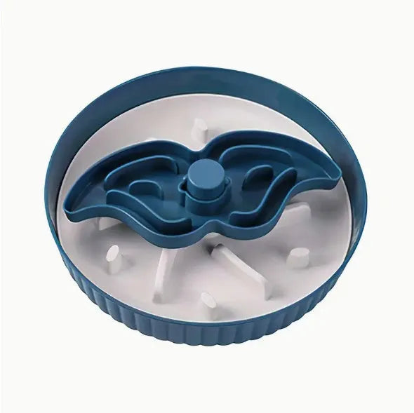 Pet slow feeder bowl with coloured plastic base and a textured silicone lick mat insert in a snowflake pattern.