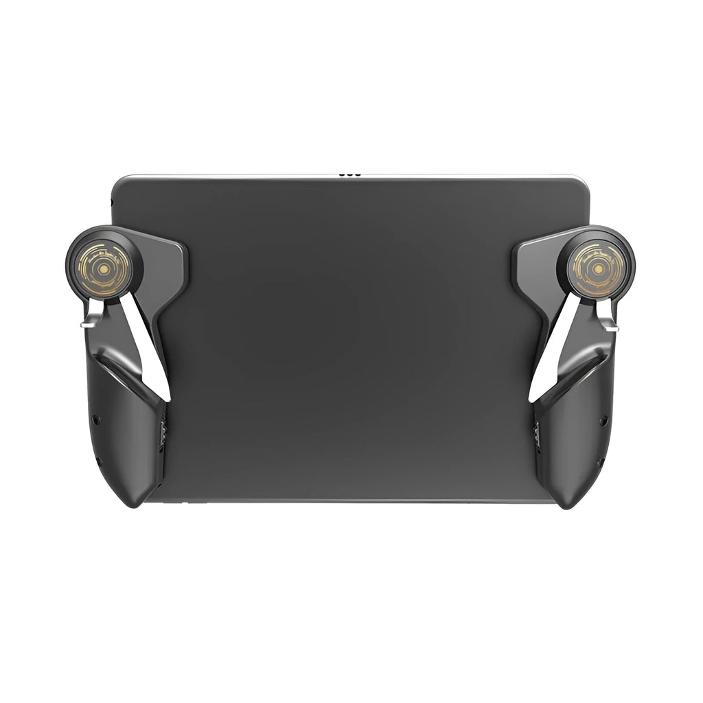Black six-finger mobile game controller with adjustable triggers for iPad and smartphone tablets
