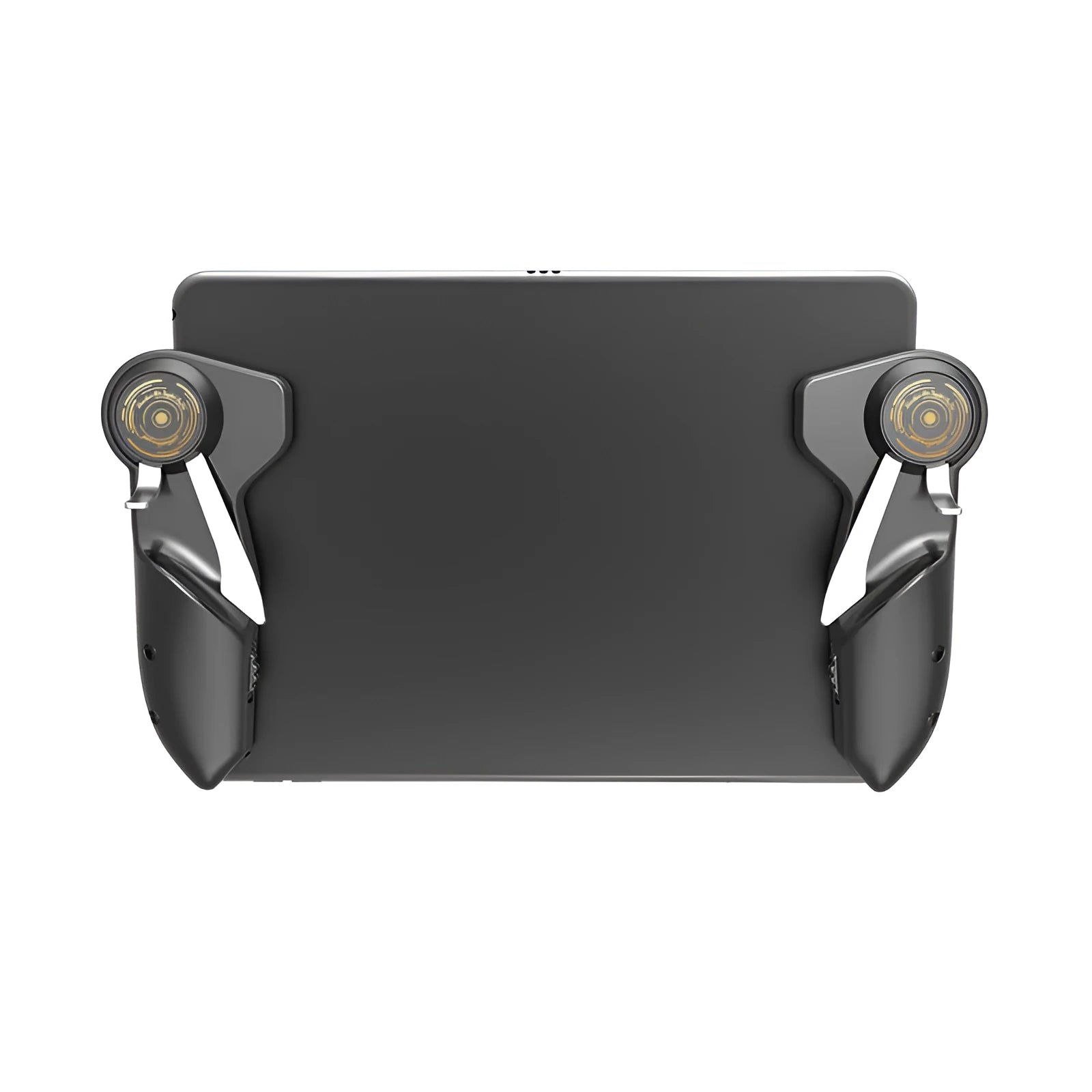 Black six-finger mobile game controller with adjustable triggers for iPad and smartphone tablets