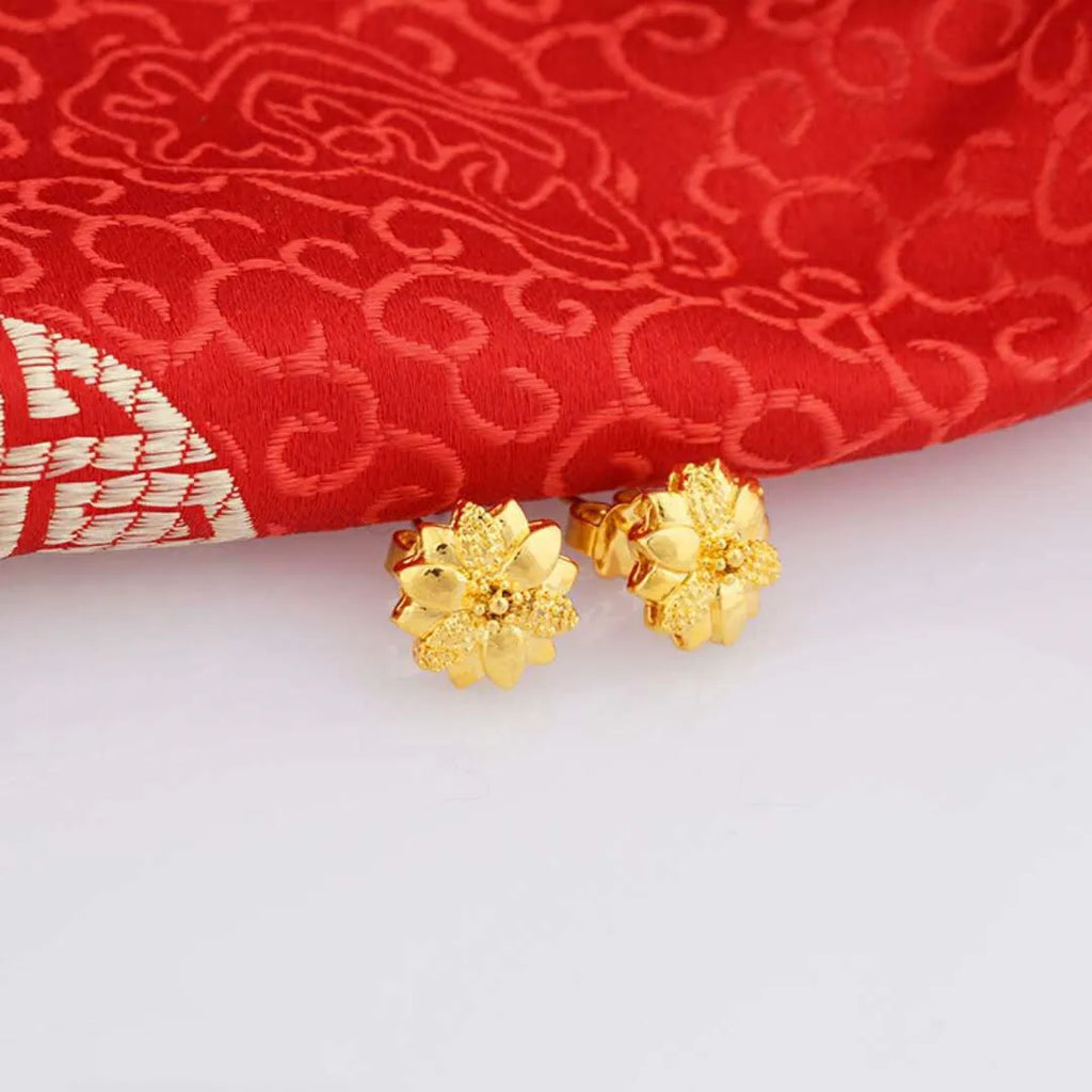 24K gold plated ear stud earrings for women, gold plated copper flower design