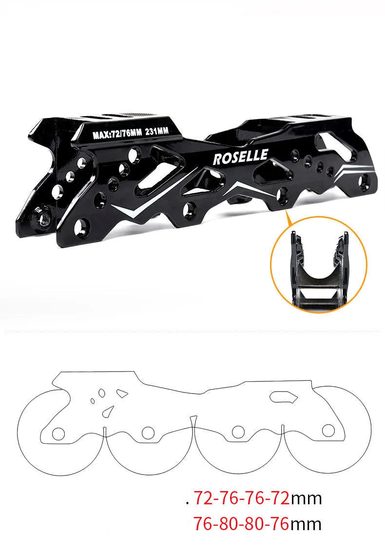 Adult inline roller skates for beginners with PP shell, aluminium frame, and PU wheels, black colour, side view