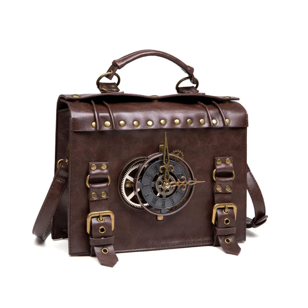 Bronze steampunk style PU leather shoulder bag with metal hardware on a horizontal square pillow bag shape.