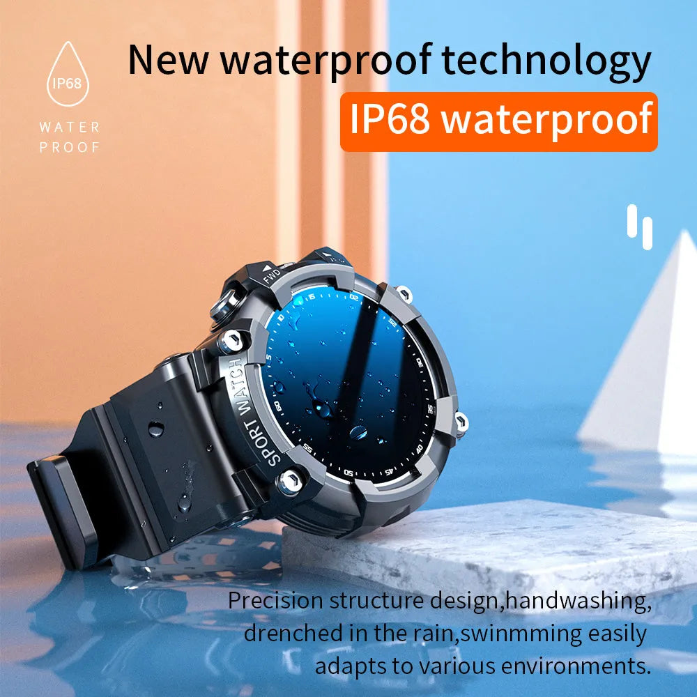 IP67 waterproof Bluetooth sports watch with round colour touchscreen on wrist showing health metrics