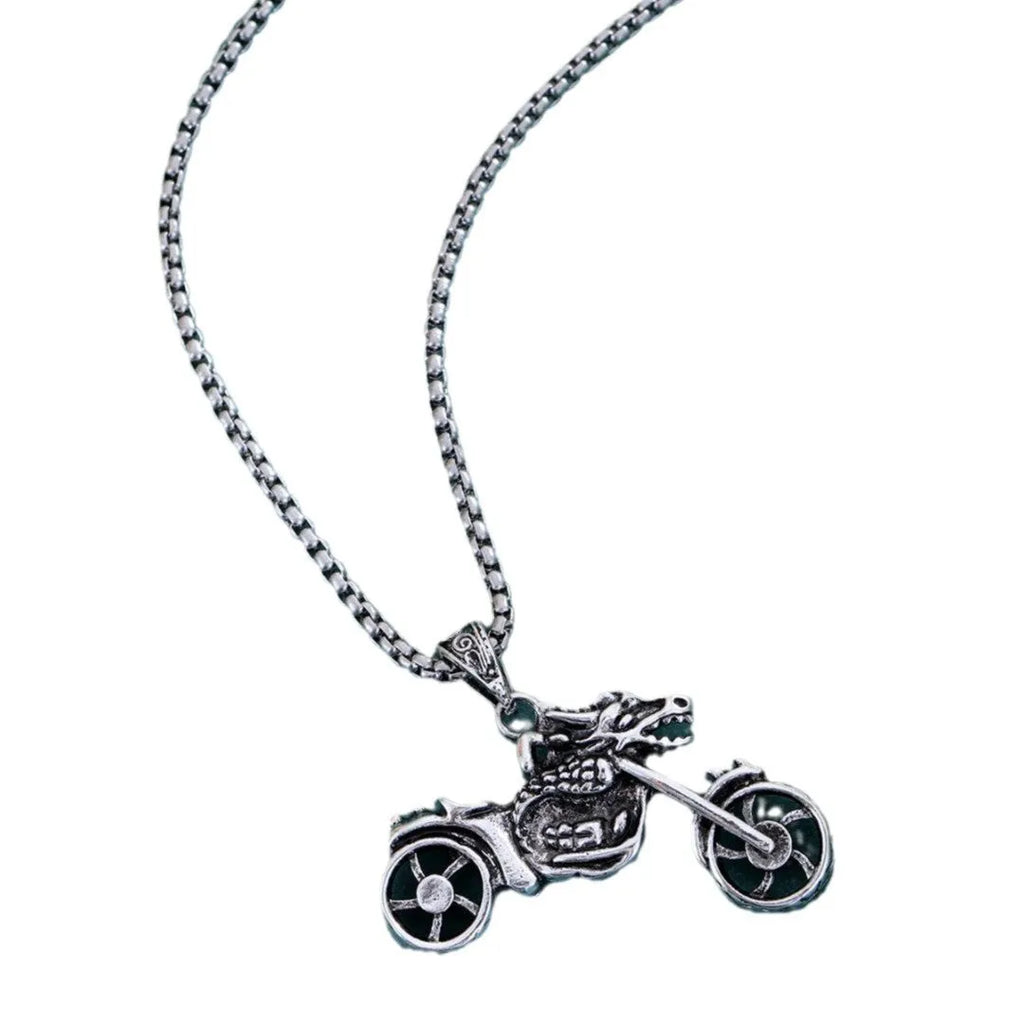 Men's punk necklace with silver alloy motorcycle pendant, biker style jewellery.
