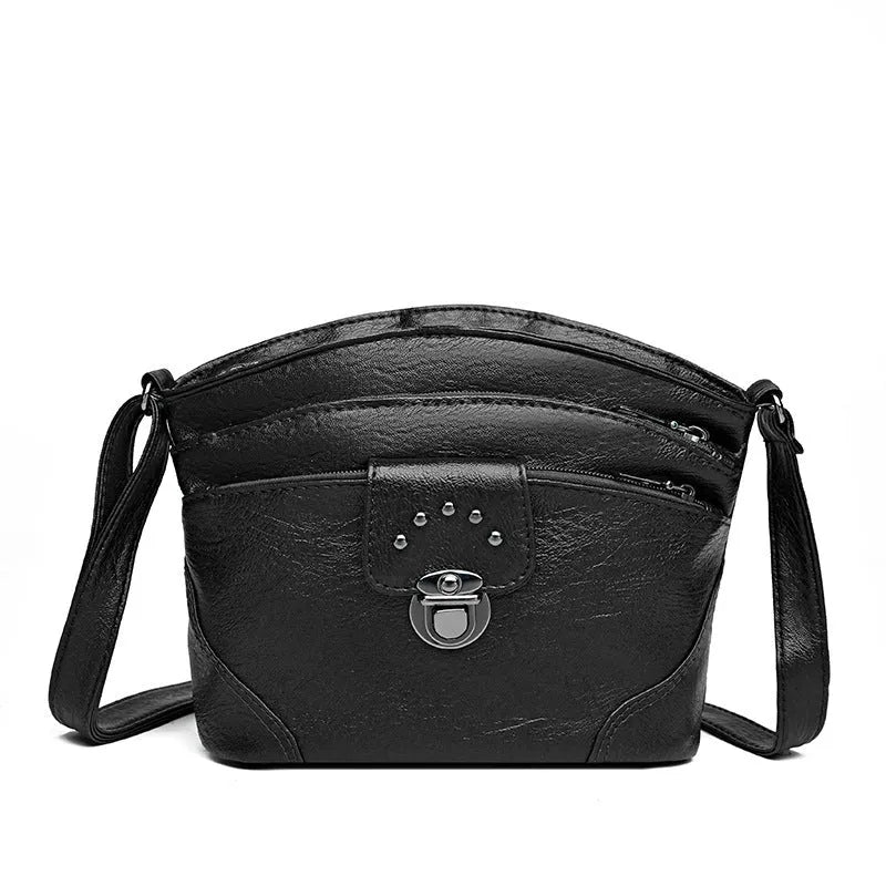 Retro simple women's handbag in soft PU, 19x10x18cm horizontal square with sandwich pocket, black or brown.