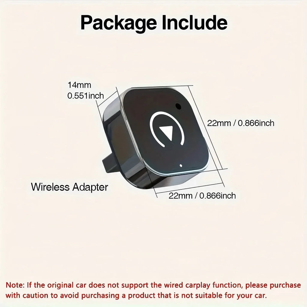 Black CarPlay box wired to wireless adapter with USB interface, front view