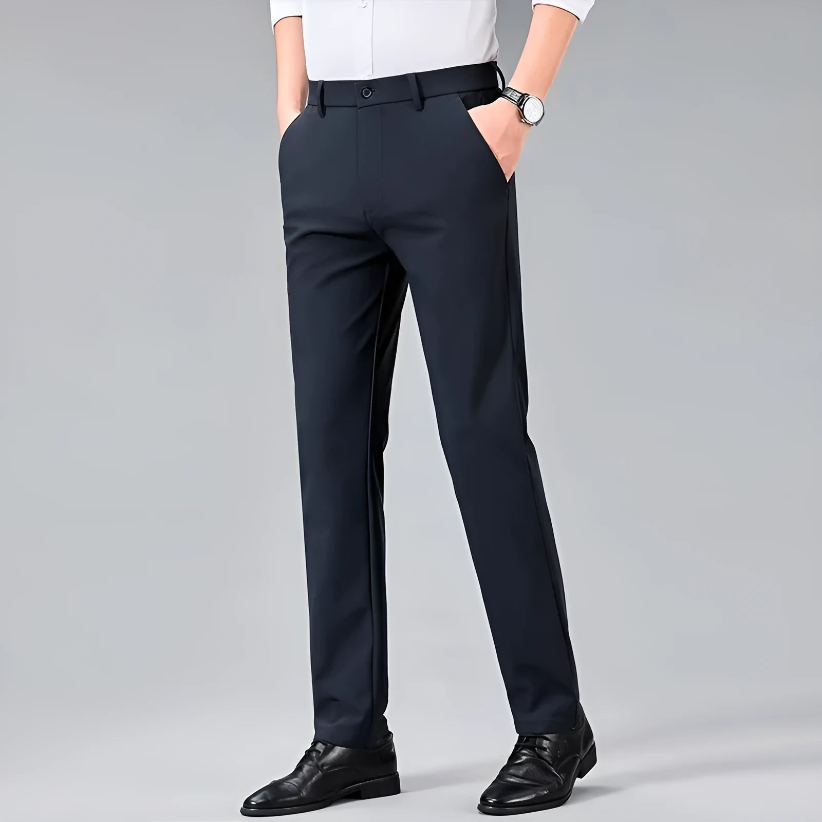Summer ice silk thin non-ironing men's business casual pants in black, side view