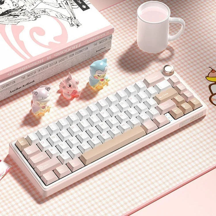 Wireless mechanical keyboard with RGB backlighting in various colour options on a desk.
