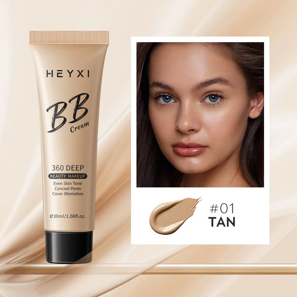 BB cream cosmetic tube in one of four shades (01, 02, 03, 04), waterproof and sweat-resistant formulation.