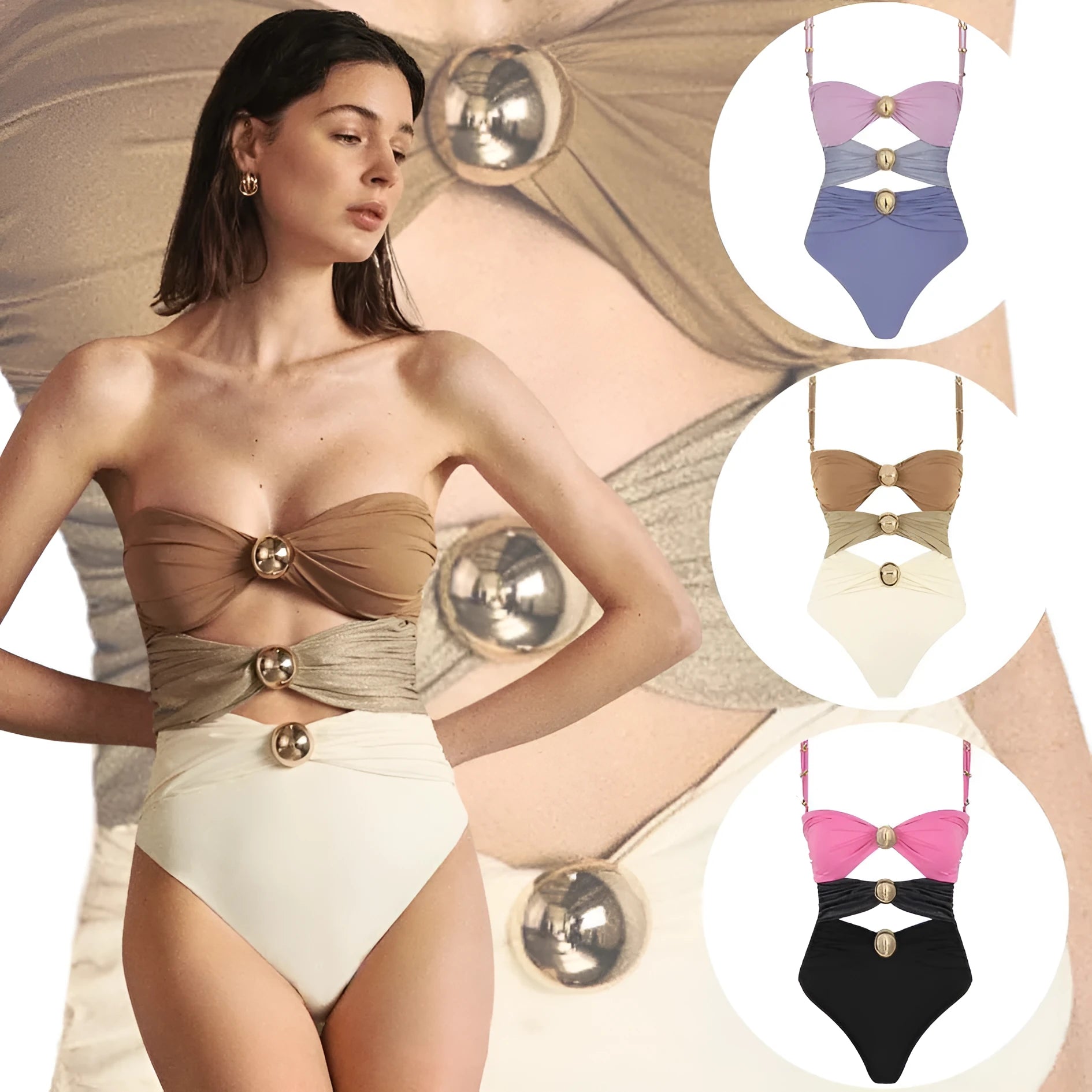 Women's one-piece swimsuit with hollow out stitching and round buckle decoration in nylon fabric