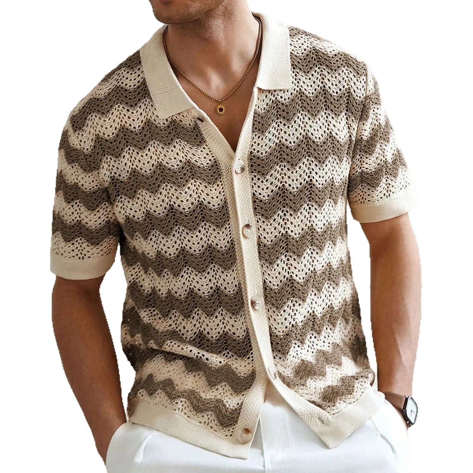 Yellow, blue, and brown short-sleeved sweater with a hollow jacquard corrugated texture.