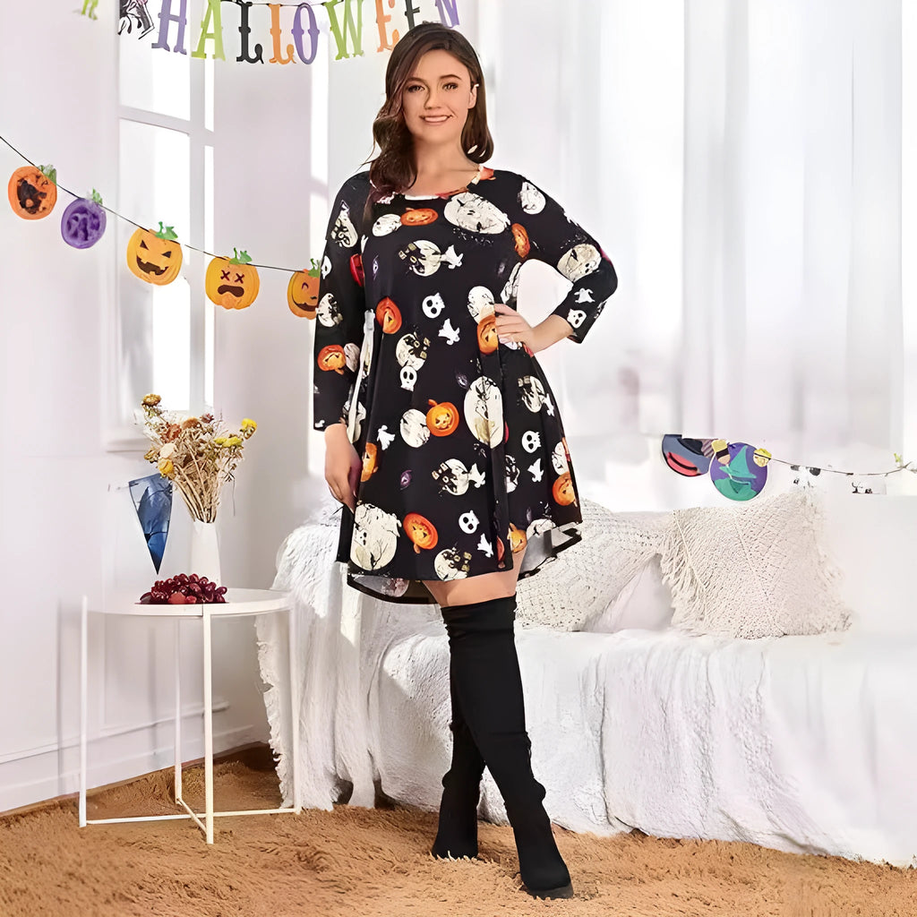 Halloween Christmas printed T-shirt dress with A-line skirt and 3D pattern in black colour