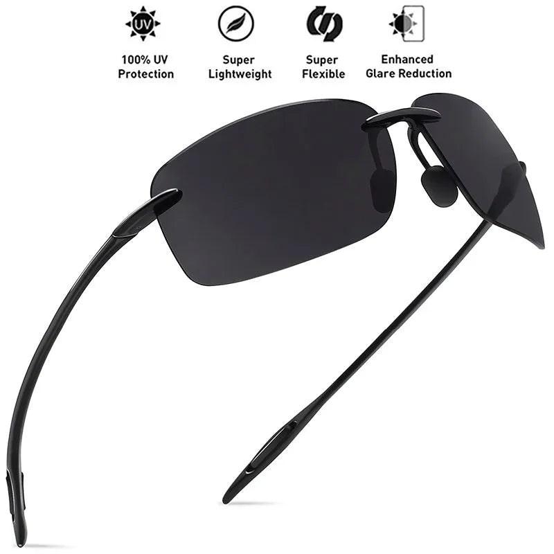 Men's light rimless TR90 sunglasses with UV400 TAC lens in Black frame