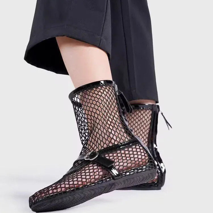 Black high top ballet shoes with metal buckle and back zipper, PU upper and rubber sole