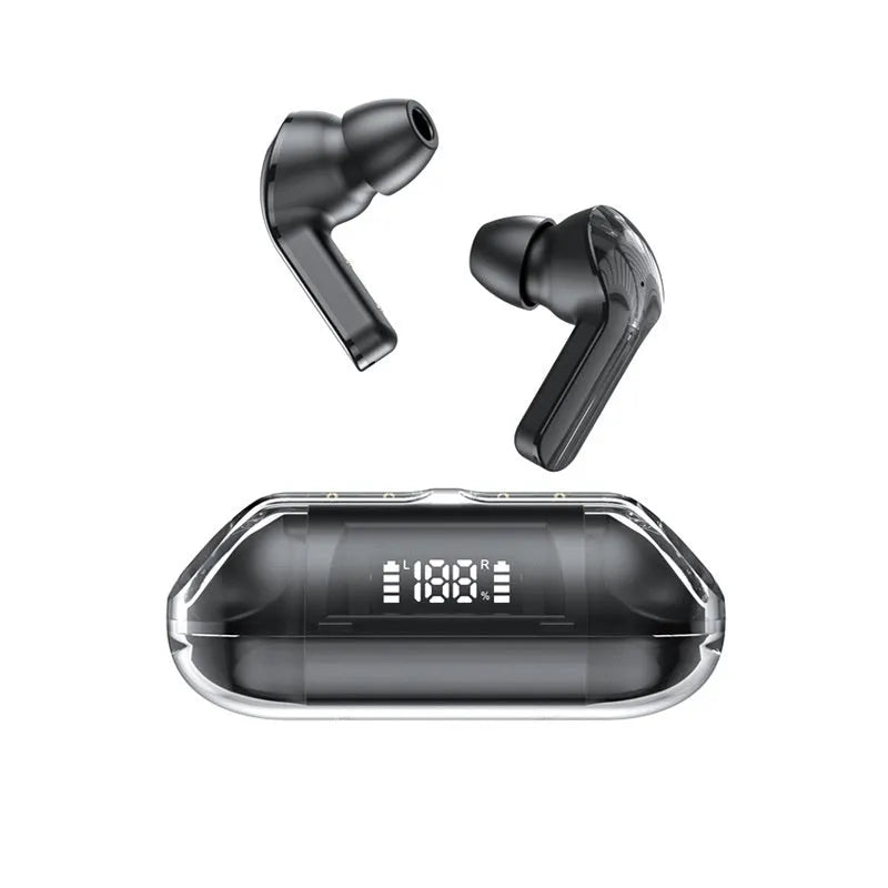 Transparent wireless Bluetooth headset with digital display on case, shown in pink colour