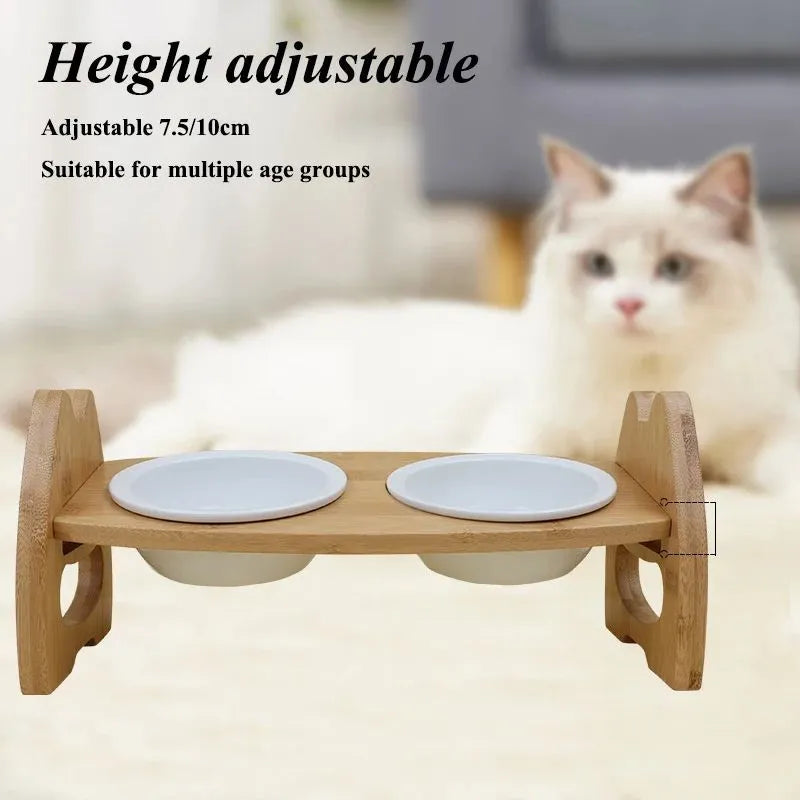 Height-adjustable ceramic double pet bowl with bamboo stand, separate bowls, non-slip base, original wood colour