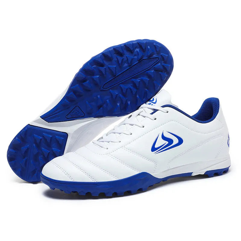 Low-top outdoor soccer football boots in a broken nail colour design with a synthetic leather upper and rubber sole.