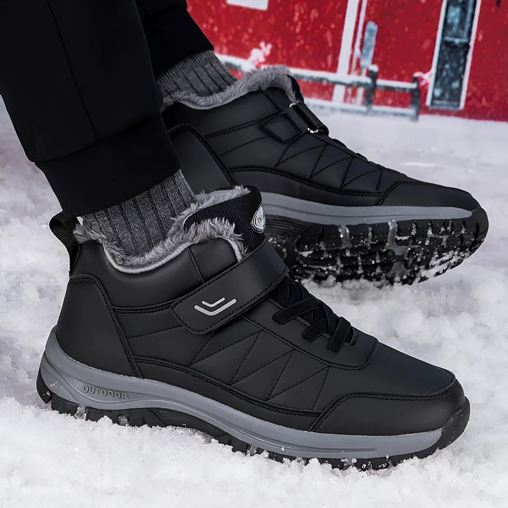 Men's high-top fleece-lined waterproof hiking shoes in solid colour YS9706 Black with front lace-up closure
