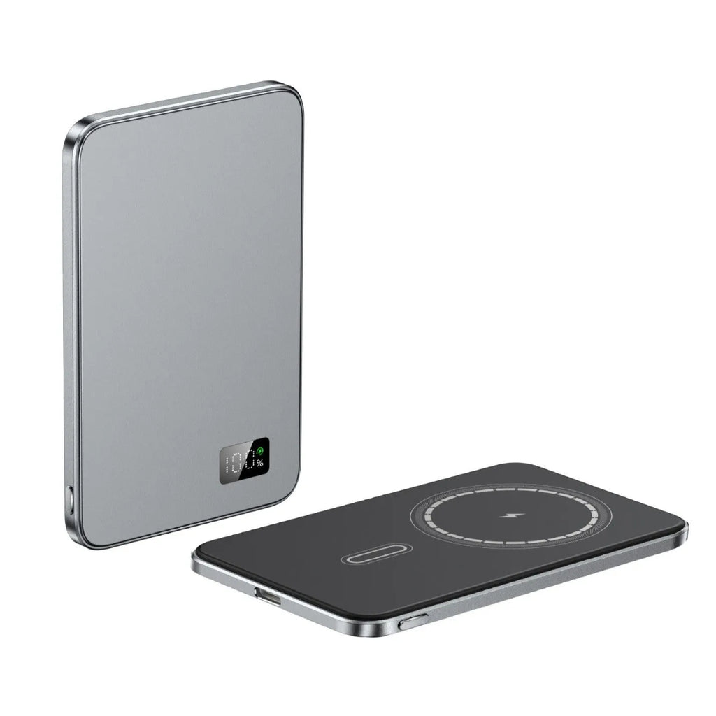 Three-in-one wireless magnetic fast charge power bank in alloy shell, 104x66x7.8mm, black gray blue purple, 5000mAh or 10000mAh