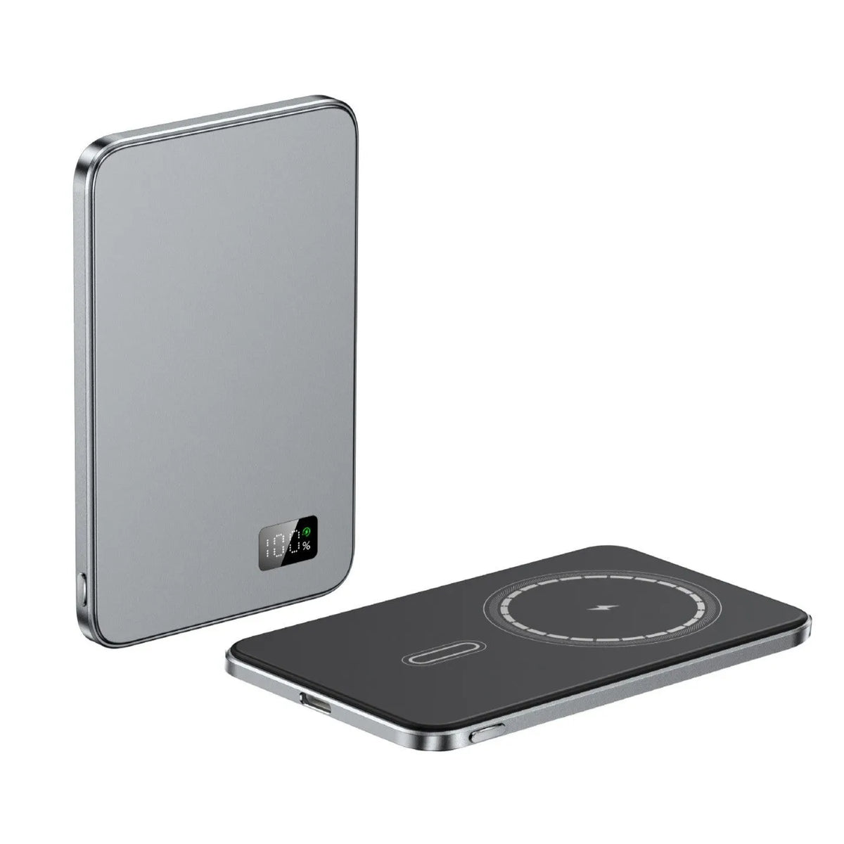 Three-in-one wireless magnetic fast charge power bank in alloy shell, 104x66x7.8mm, black gray blue purple, 5000mAh or 10000mAh