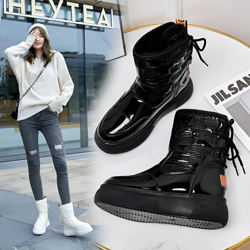 Women's flat-bottomed thick-soled ankle boots in white with velvet cotton finish, round toe, and rubber sole