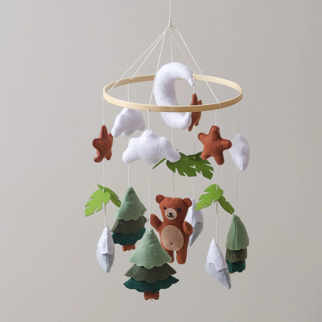 Handmade felt teddy bear bed bell for children in white, made from wood and felt, supplied in a leather paper box
