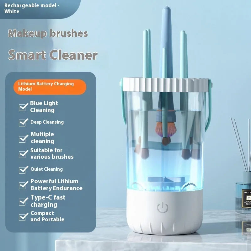 White rechargeable electric makeup brush cleaner with USB cable measuring 24x10x11cm