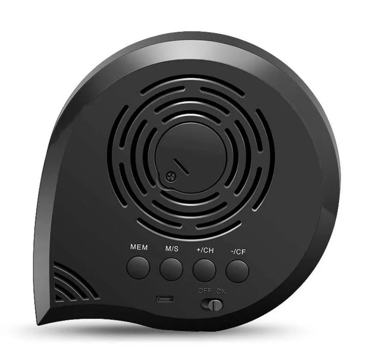 Black wireless weather forecast clock with outdoor sensor showing temperature and humidity on colour LED display