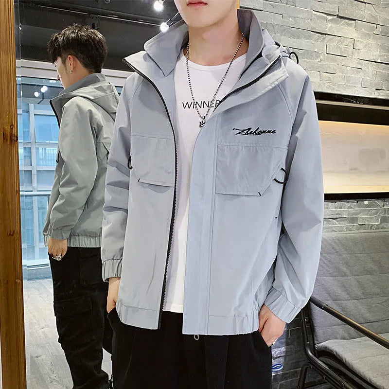 Men's hooded zip work coat in black, loose fit, 100% polyester, spring autumn jacket