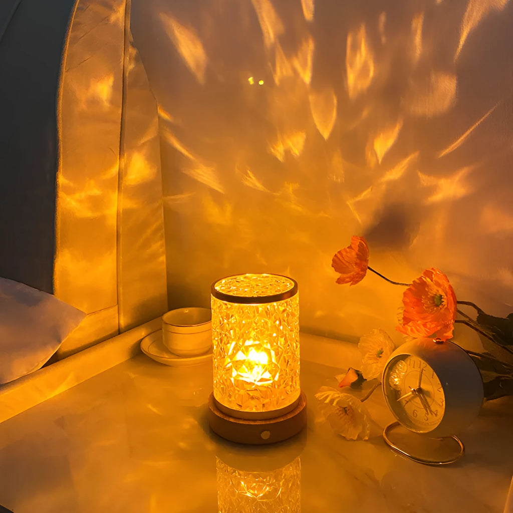 Rotating water ripple night light with solid wood base showing colourful ambient lighting