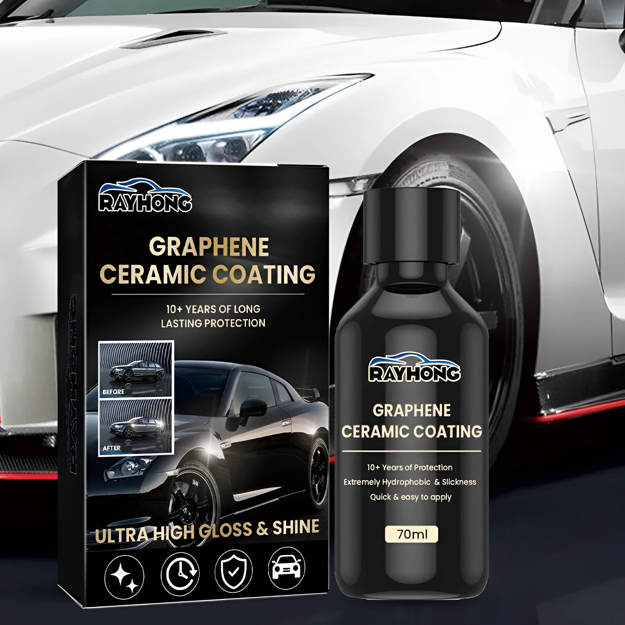 Automotive graphene ceramic coating kit with 70ml bottle, sponge, towel, gloves and coating cloths