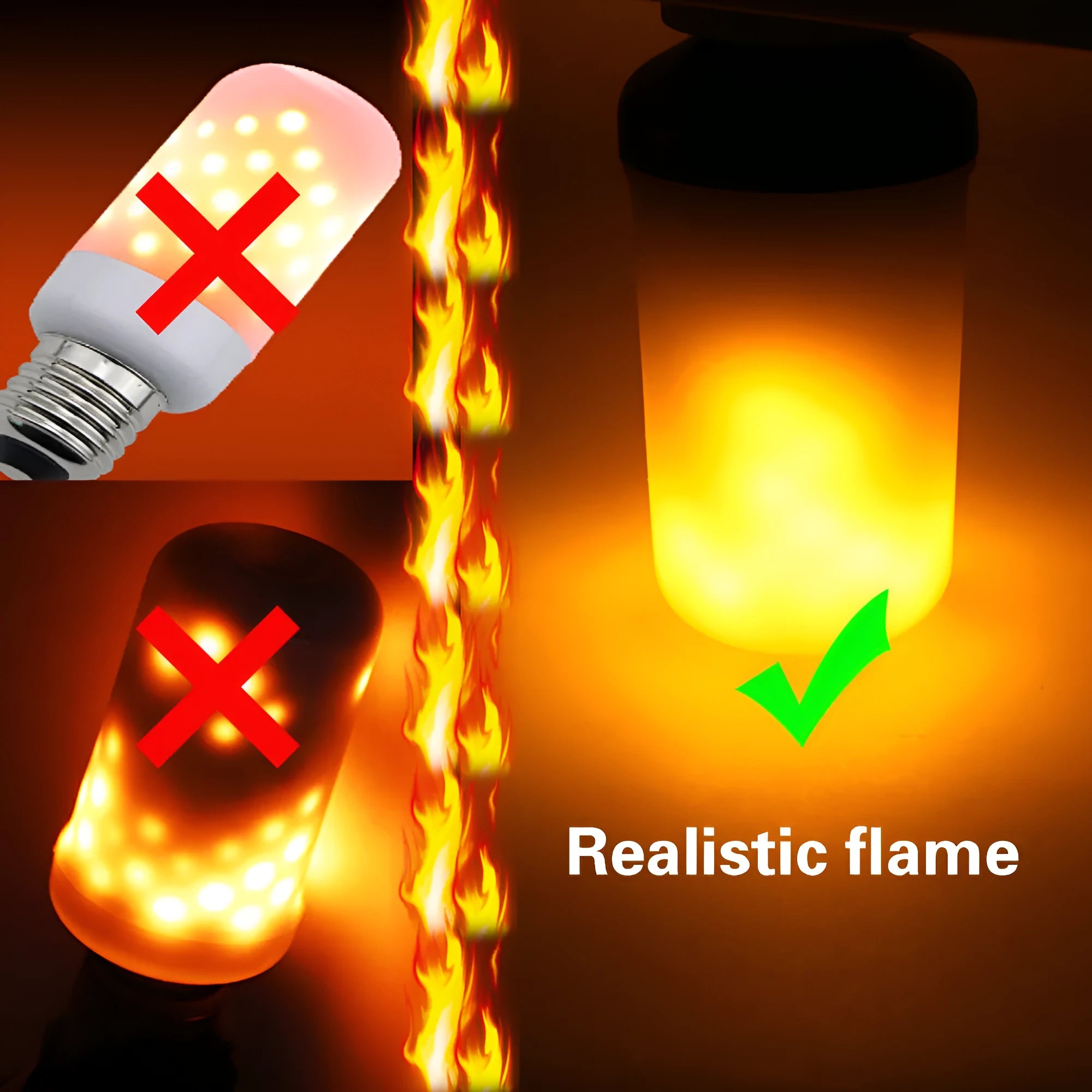 Decorative LED bulb emitting a flickering orange flame-like light effect.