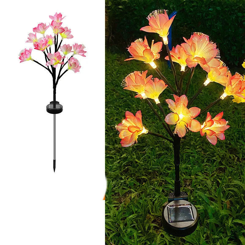 Solar LED camellia lawn lamp in pink or yellow, 720mm tall, IP65 outdoor garden light