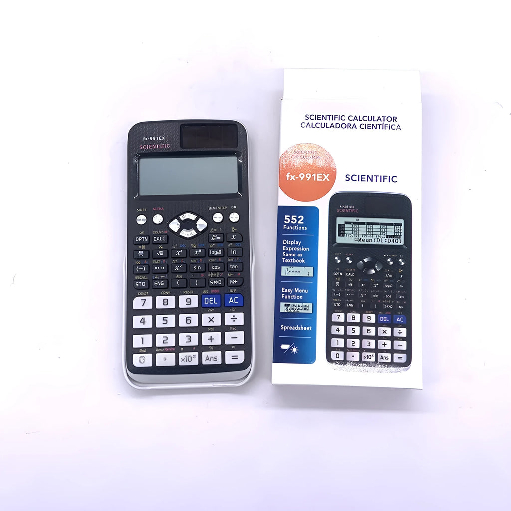 CASIO 991EX scientific calculator in black, blue, and pink colour options with solar panel