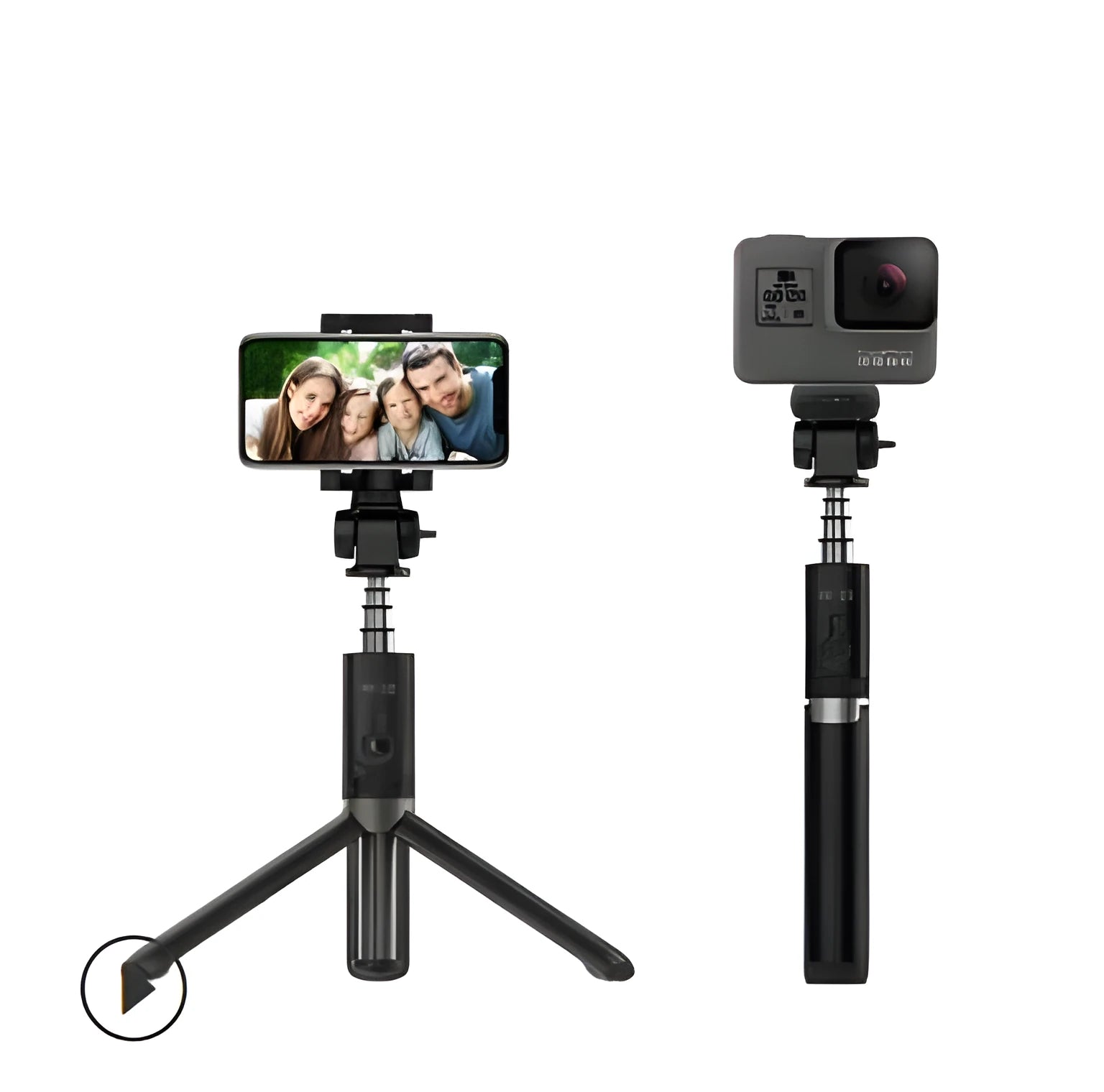 Aluminium alloy Bluetooth selfie stick with tripod and remote control for mobile phones.
