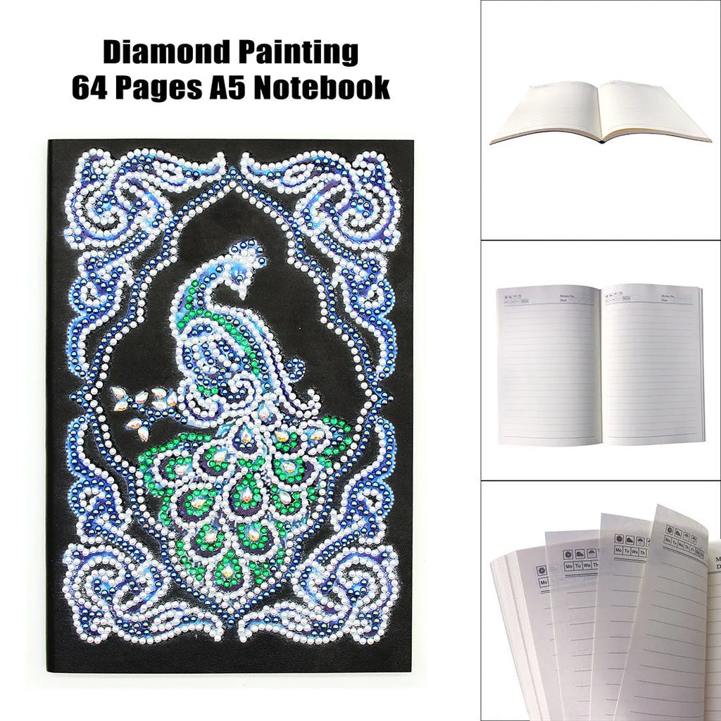 Black A5 diamond painting notebook for peacock art with shaped and bright drills.