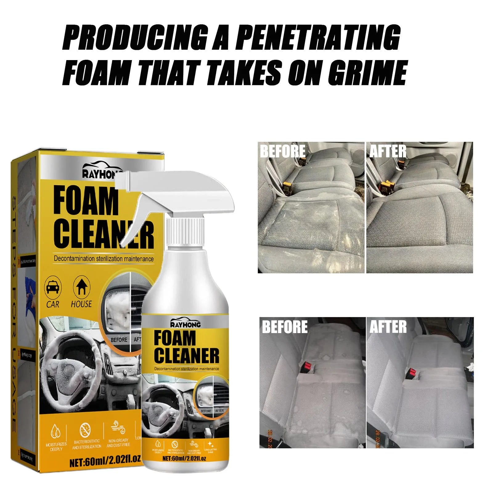 Car interior wash-free foamed cleaner 60ml with sponge in boxed packaging