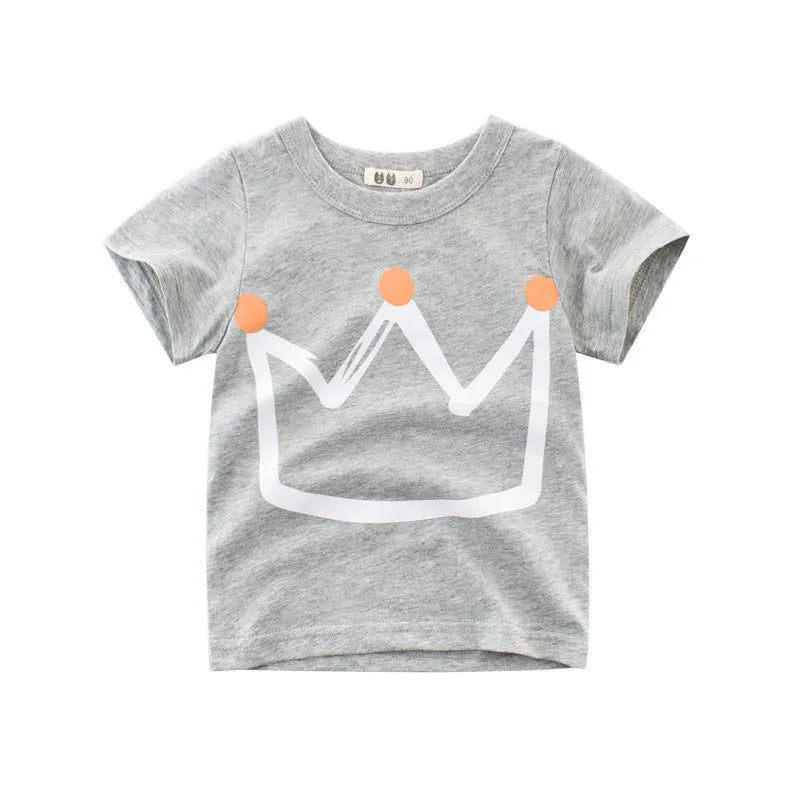 Boys' royal blue short sleeve cotton T-shirt on a hanger with a size chart visible.