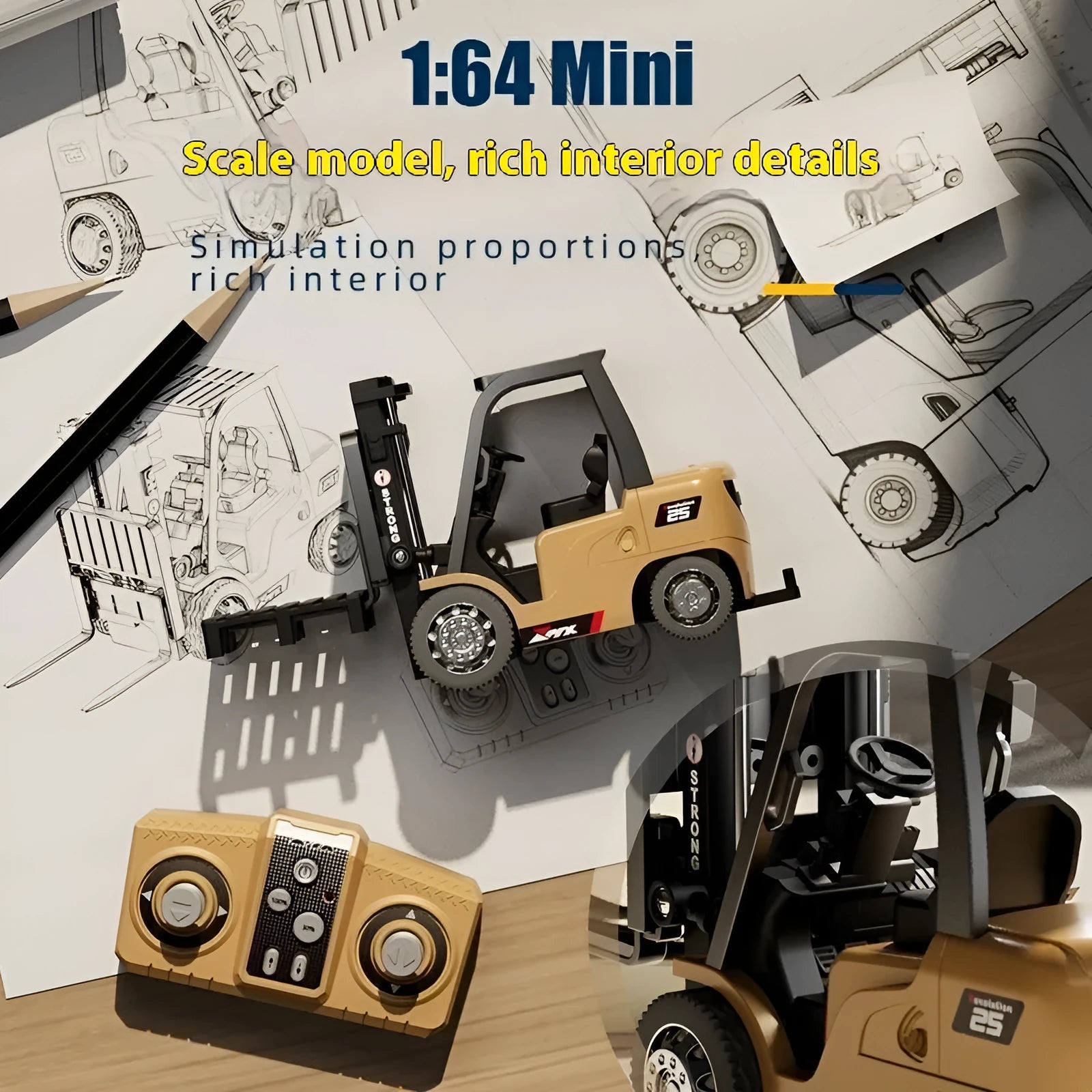 1:64 scale grey alloy remote control forklift toy with mini controller and cargo accessories on a pallet.