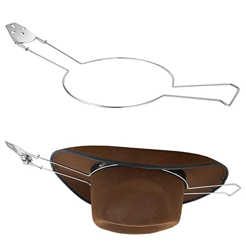 Brown metal hat stand with a chrome finish for coats and hats.