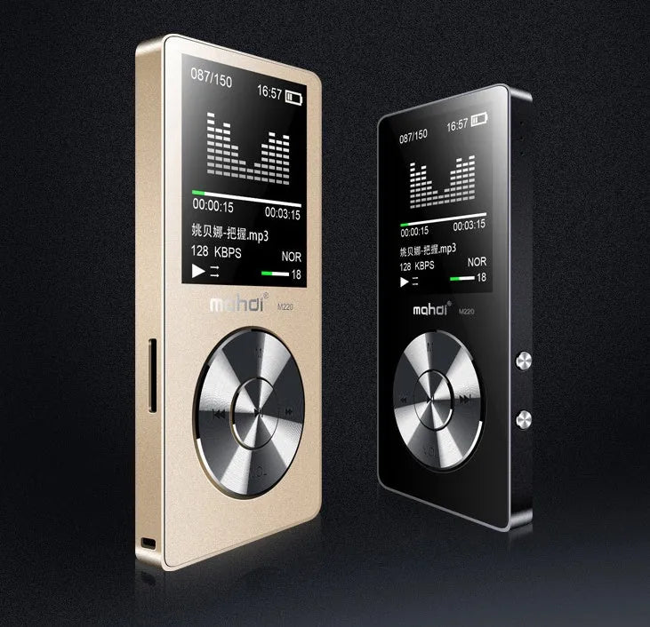 Compact gold metal MP3 player with a 1.8-inch screen showing a music menu.