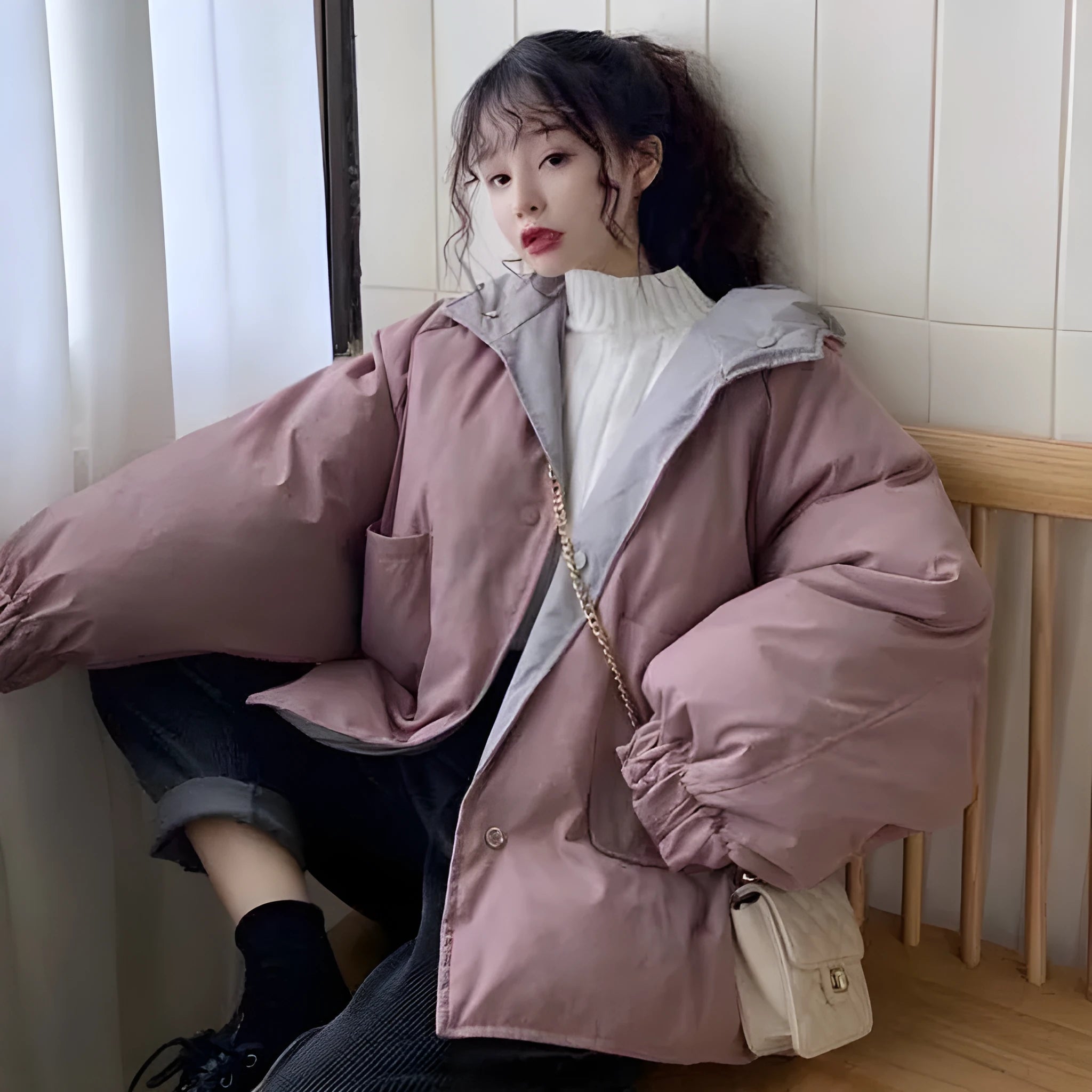 Korean reversible coat made of polyester in apricot colour with pockets and straight cut